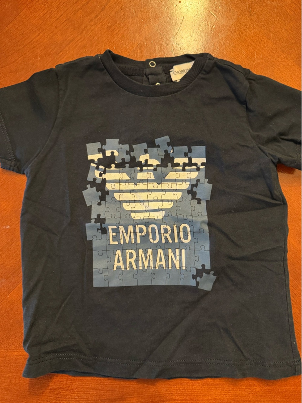 Emporio Armani Navy Tee with Blue and Cream Puzzle Logo